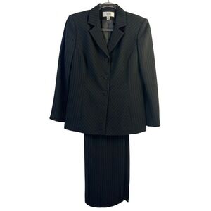 Le Suit Petite Womens Black Blue Pinstripe Fitted Blazer Wide Leg Pant Suit 10P